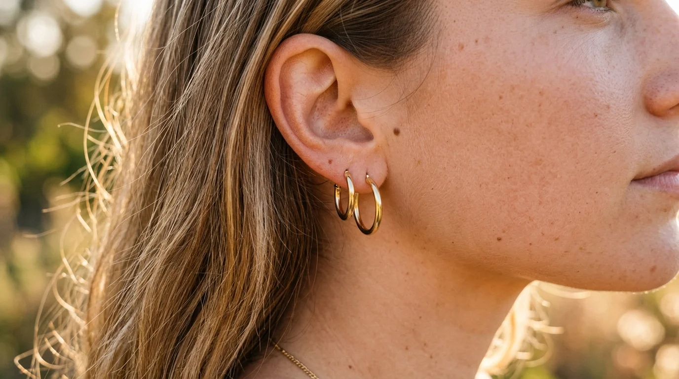 UGC close-up of model wearing traditional gold jhumka earrings in natural afternoon sun
