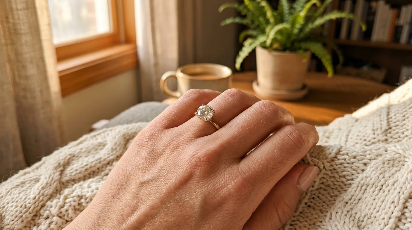 UGC close-up photo of a model's hand wearing a diamond ring on her finger, warm window sunlight