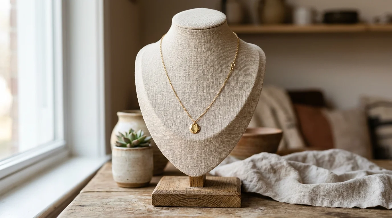 UGC close-up of a model wearing a gold pendant necklace showing length and drop on her neck