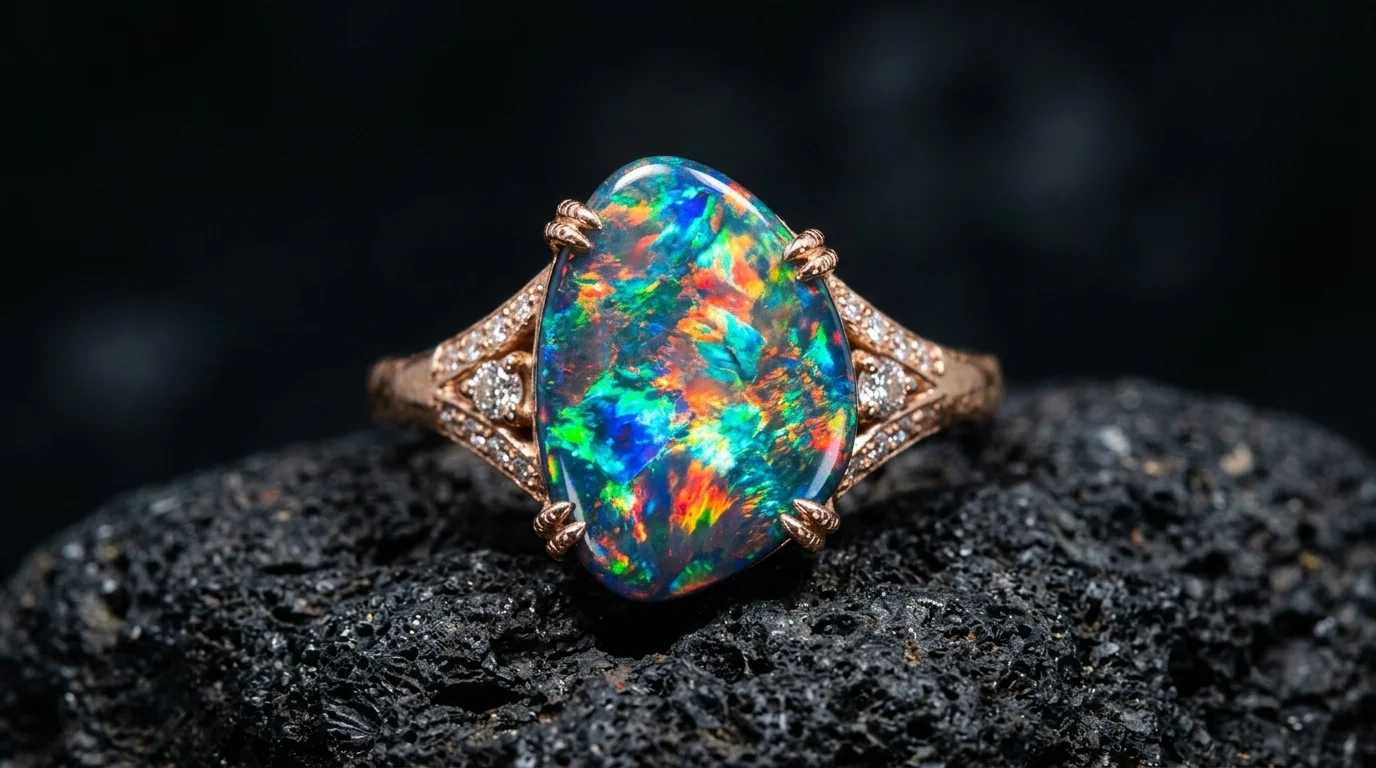 Macro close-up photo of an opal ring showing deep blue, green, and red fire flashes from within