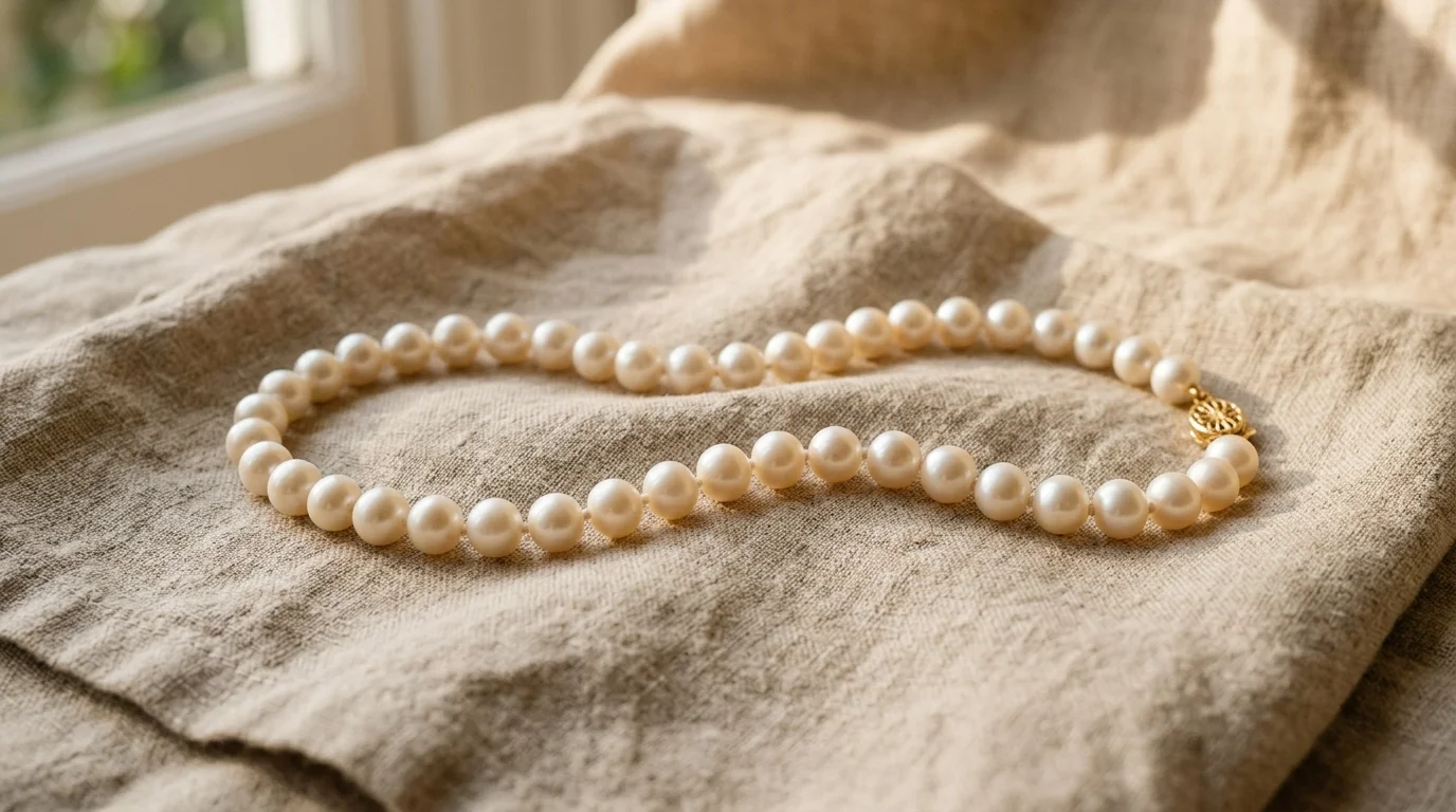 UGC lifestyle shot of a model wearing a pearl pendant necklace against a soft linen outfit