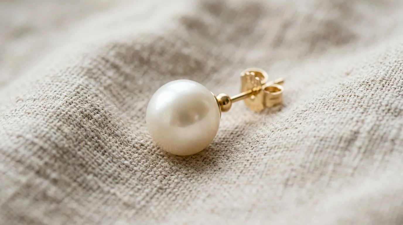 Macro photo of classic pearl earrings reflecting soft, even white studio highlights