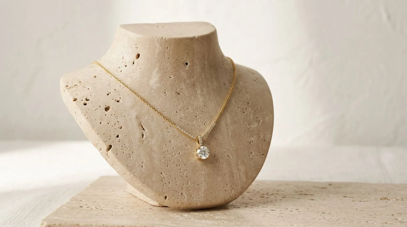 Delicate gold diamond pendant necklace draped over a beige travertine neck stand in a luxury studio setup