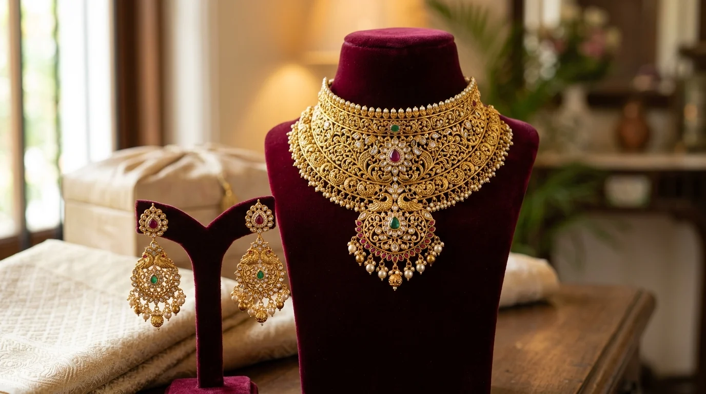 UGC close-up photo of model wearing elegant bridal diamond necklace