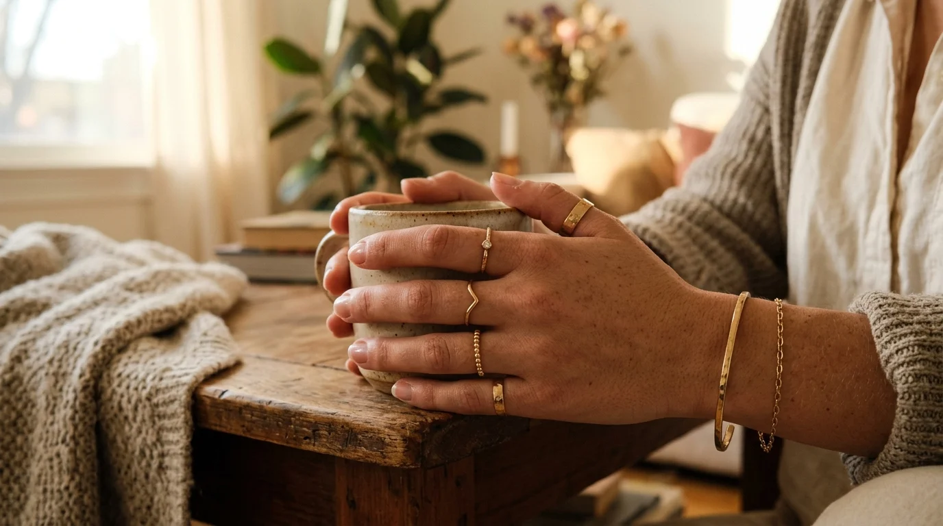 Close-up of model wearing gold ring against simple backdrop in warm afternoon light