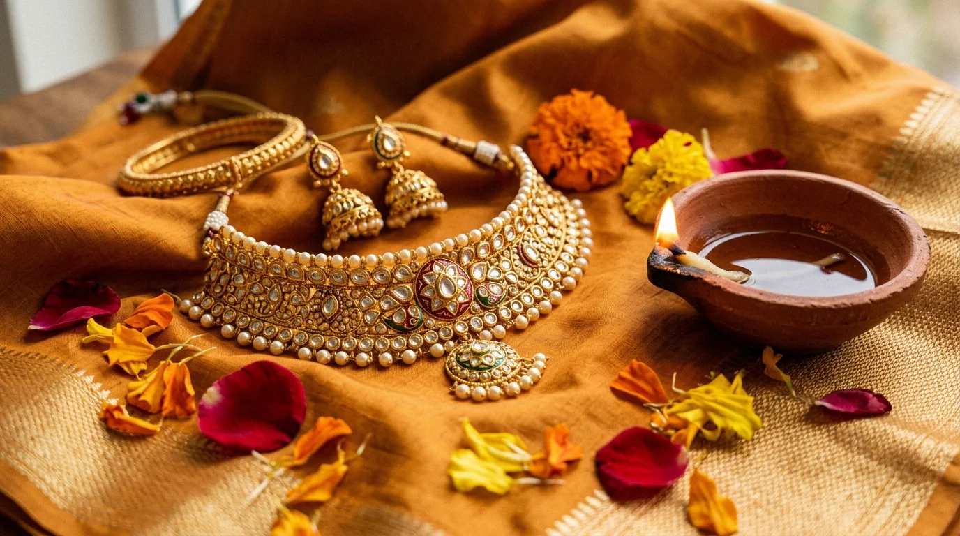 UGC photo of model wearing traditional gold jewelry with warm background lighting