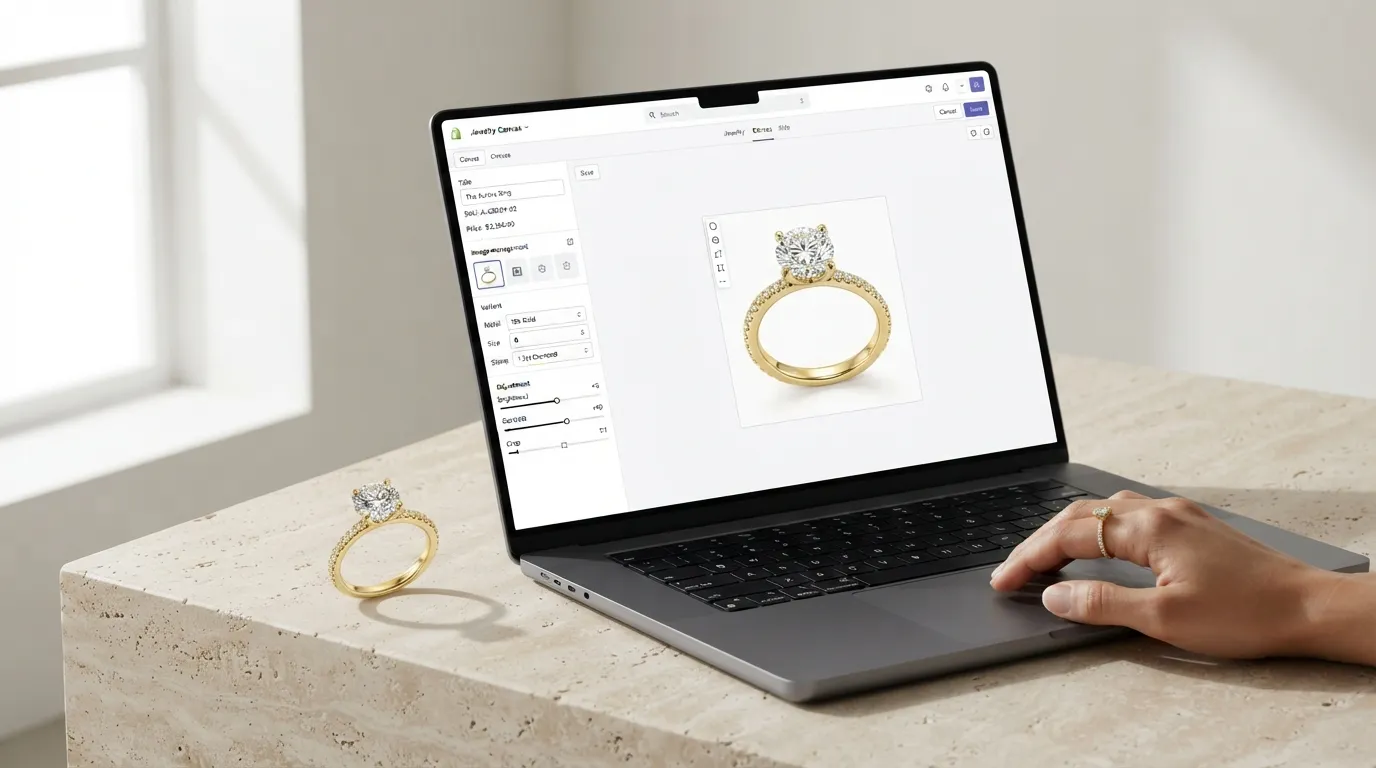 Laptop screen displaying a web canvas editor with a gold ring image being adjusted
