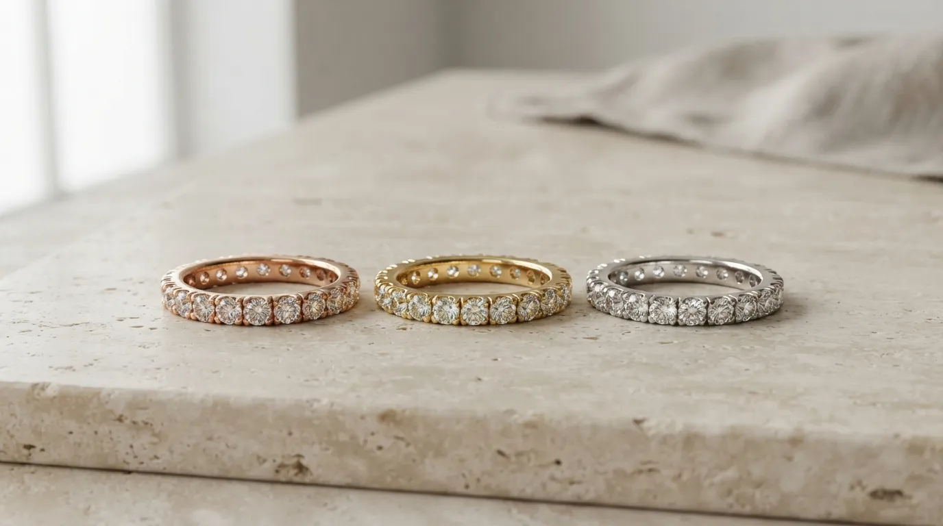 Three matching gold rings in a row—rose gold, yellow gold, and white gold—placed side by side to compare tones