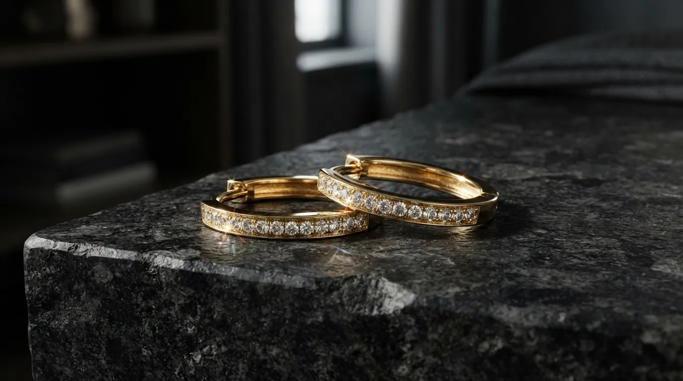 UGC-style photo of gold hoop earrings on a dark textured granite surface with dramatic lighting