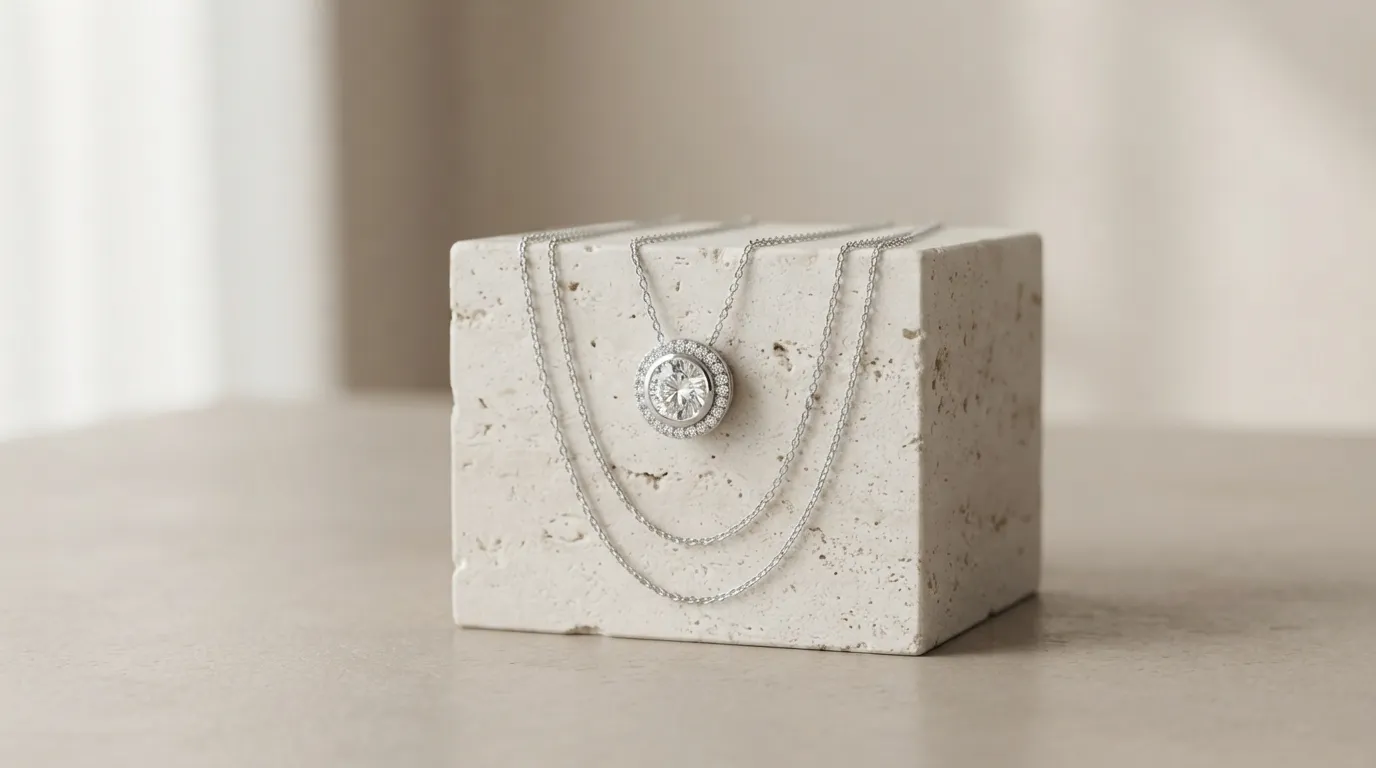 UGC photo of a silver pendant necklace draped across a clean white geometric travertine stone block