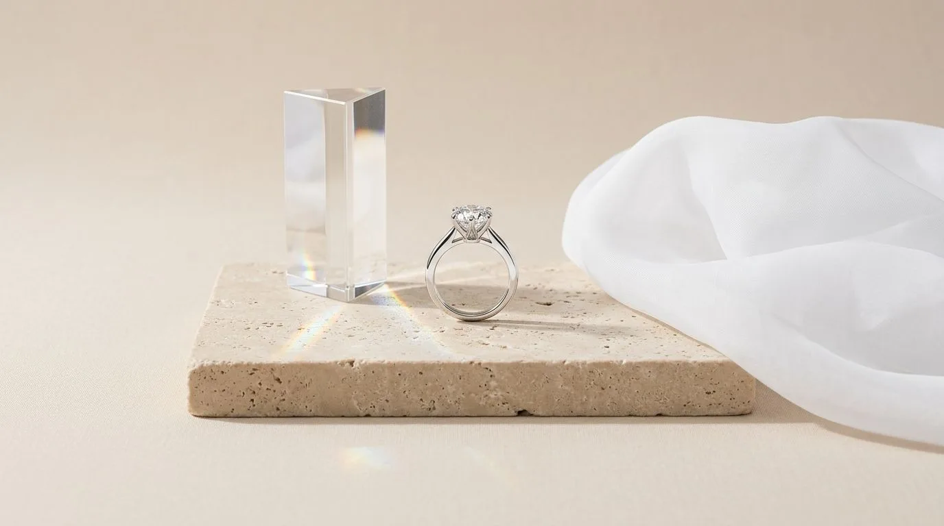 Studio flat-lay of a gemstone ring on travertine with optic glass prism and soft light diffuser