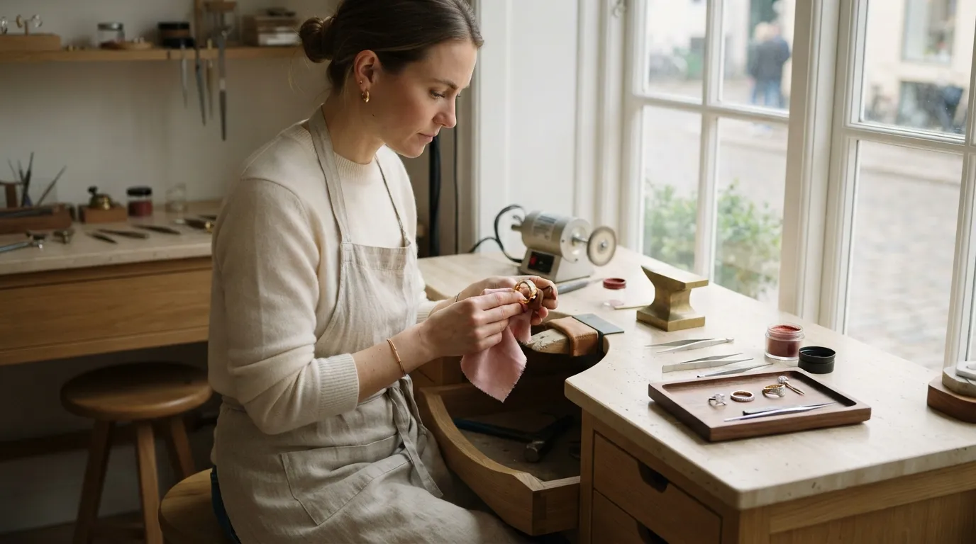 UGC photo of an independent jewelry maker polishing a gold band next to a window