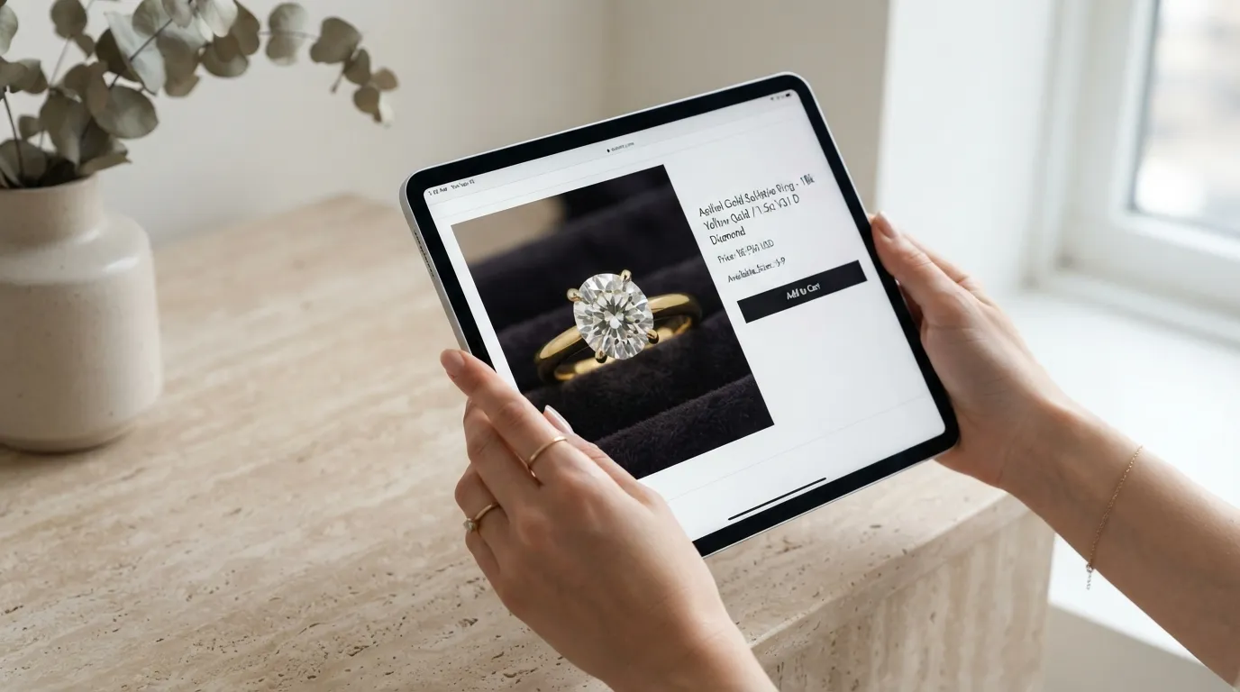 UGC photo of hands holding an iPad displaying a finalized gold ring catalog listing