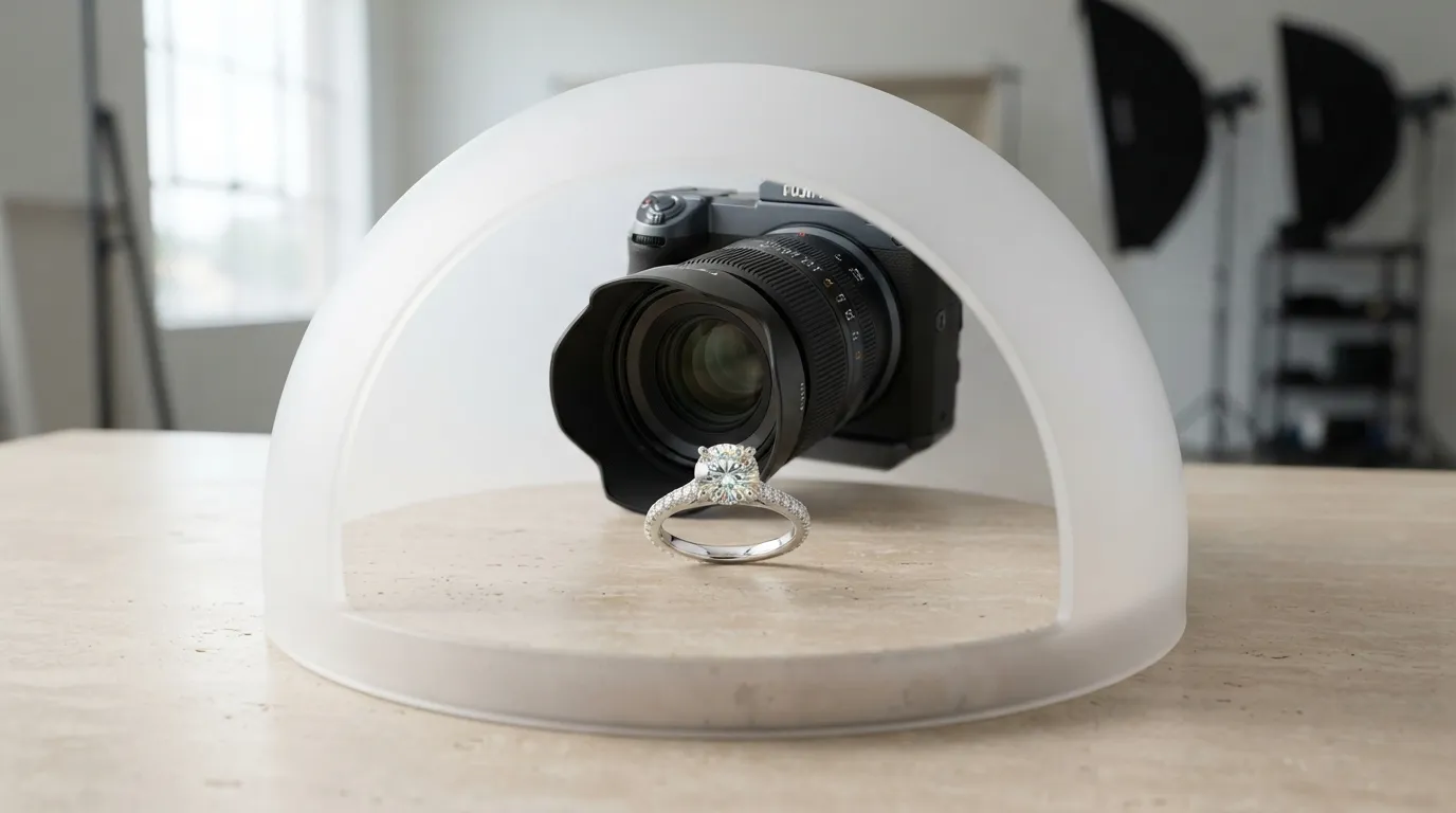 UGC photo showing a camera lens focusing on a diamond ring resting inside a light diffusion dome