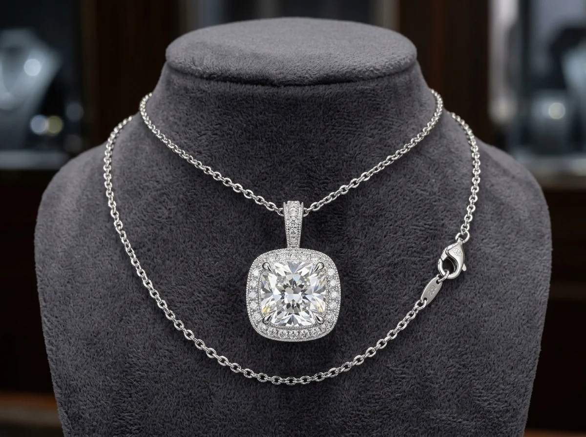 Cushion-Cut Diamond Solitaire Pendant Halo Setting