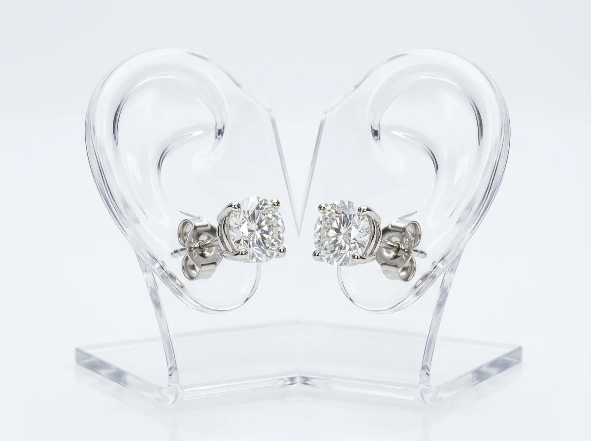 Diamond Stud Earrings Mounted on Acrylic Ear Stands