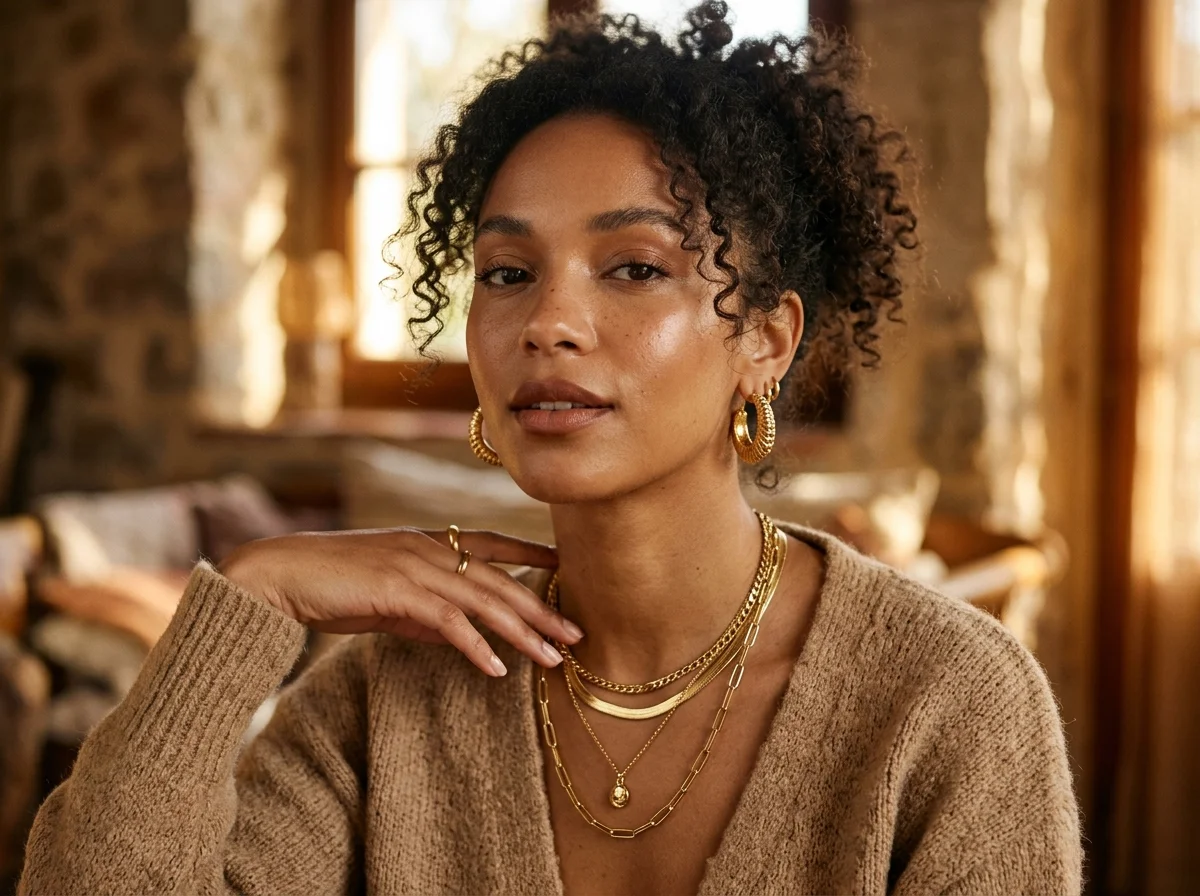 Editorial Gold Jewelry Campaign Model Shot Editorial Gold Hoop Earrings and Layered Chains Model Portrait