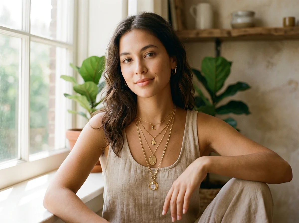 Layered Gold Pendant Necklaces Model Shot Editorial Layered Gold Pendant Necklaces Model Portrait
