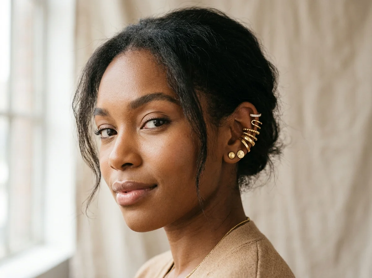 Editorial Stacked Gold Ear Cuffs Model Beauty Portrait