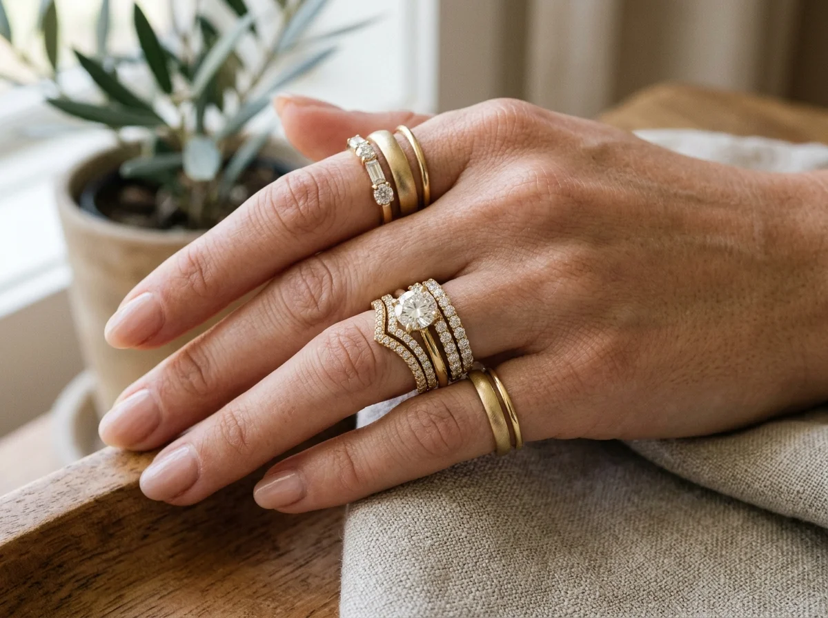 Editorial Stacked Diamond Gold Rings Model Hand Close-Up