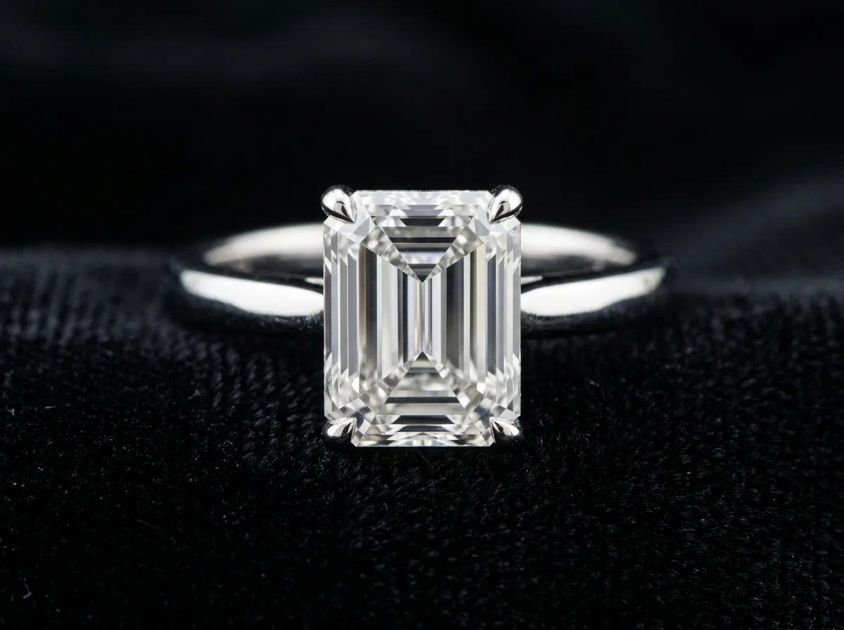 Emerald-Cut Diamond Solitaire Ring Step-Cut Facets Macro