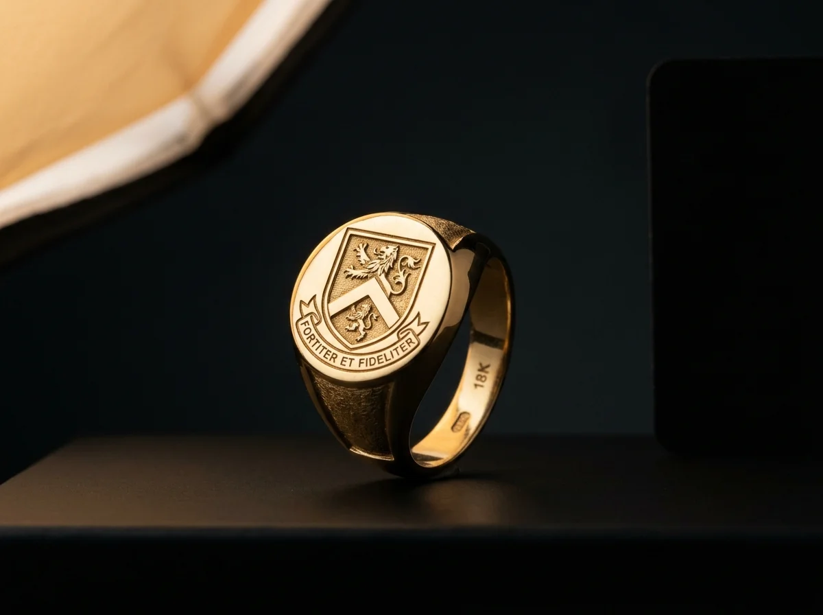 18k Gold Signet Ring Softbox Studio Setup Solid 18k Gold Signet Ring Engraved Crest Studio Shot