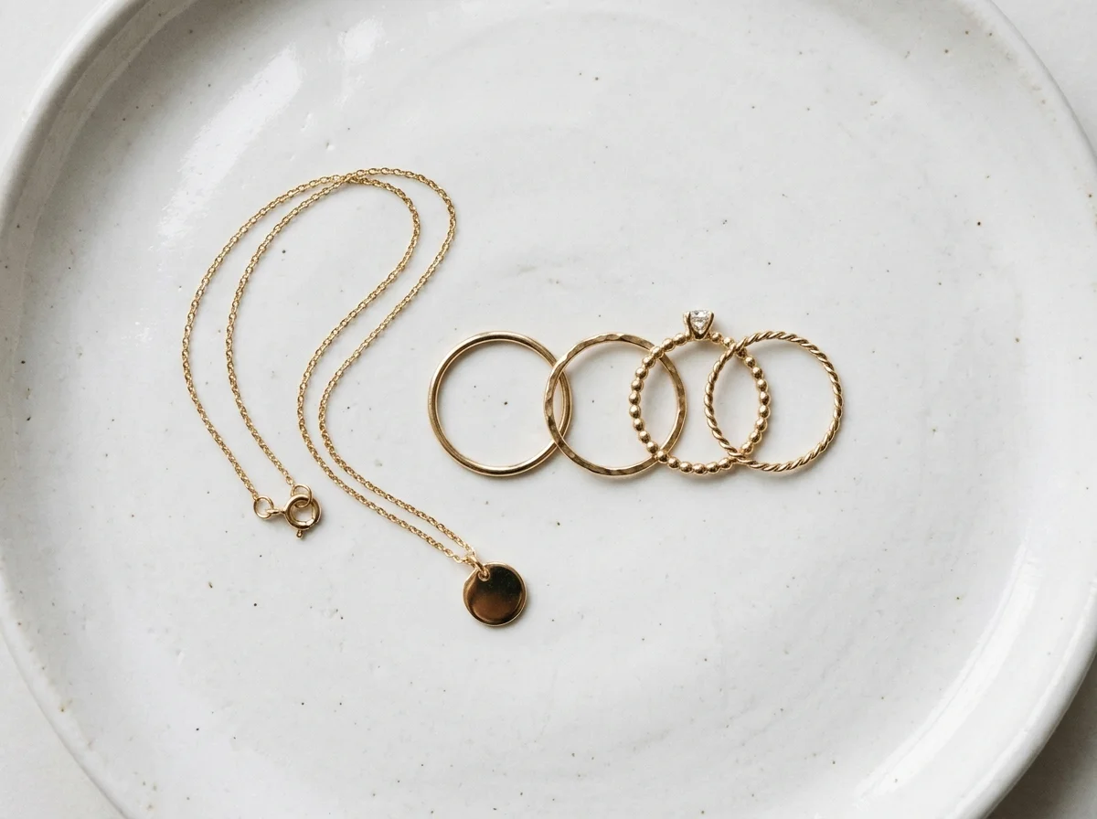 Minimalist Dainty Gold Rings Pendant White Ceramic Flat-Lay