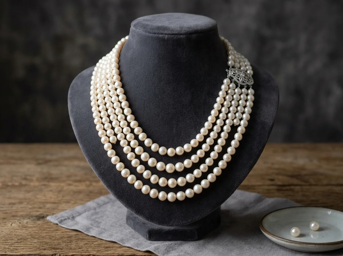 Multi-Strand Pearl Necklace Mannequin Display Multi-Strand Pearl Necklace Grey Velvet Mannequin Bust