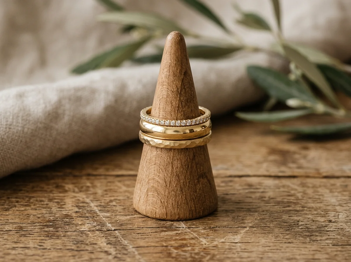 Stacked Gold Wedding Bands Wooden Ring Cone Prop