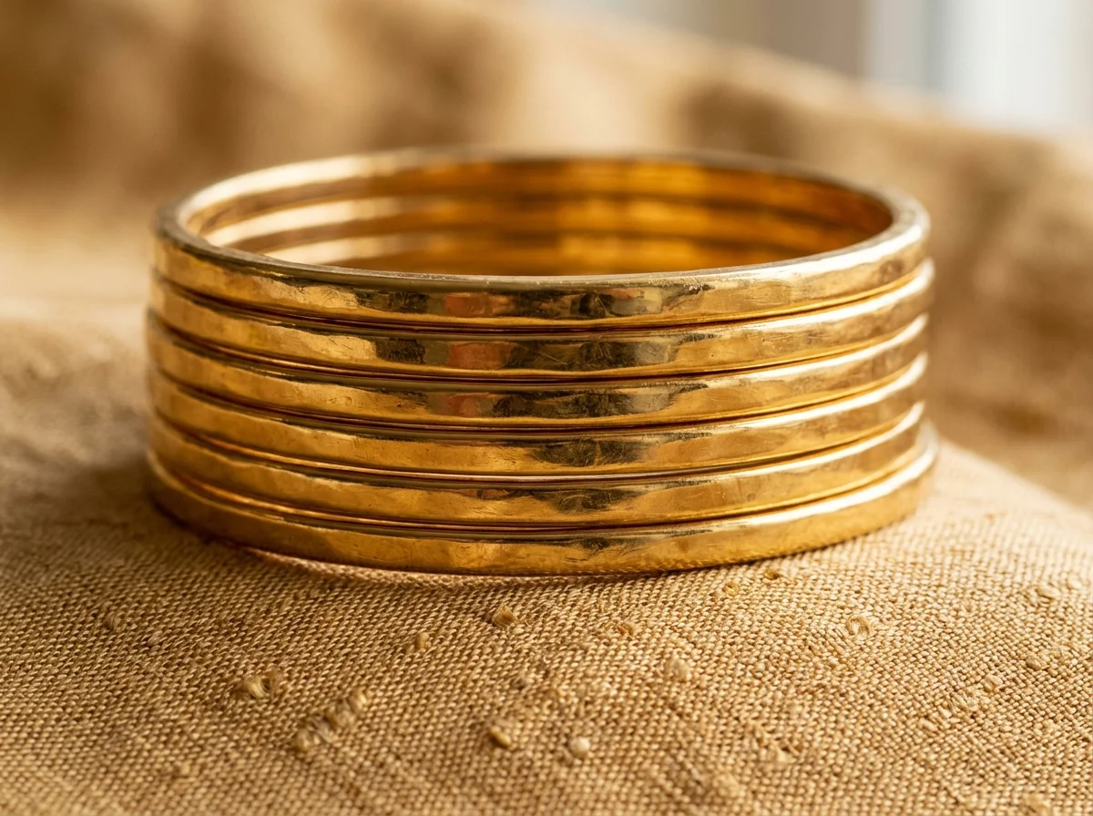 Stacked Gold Bangles Silk Fabric Setup Stacked Polished Gold Bangles Raw Silk Texture