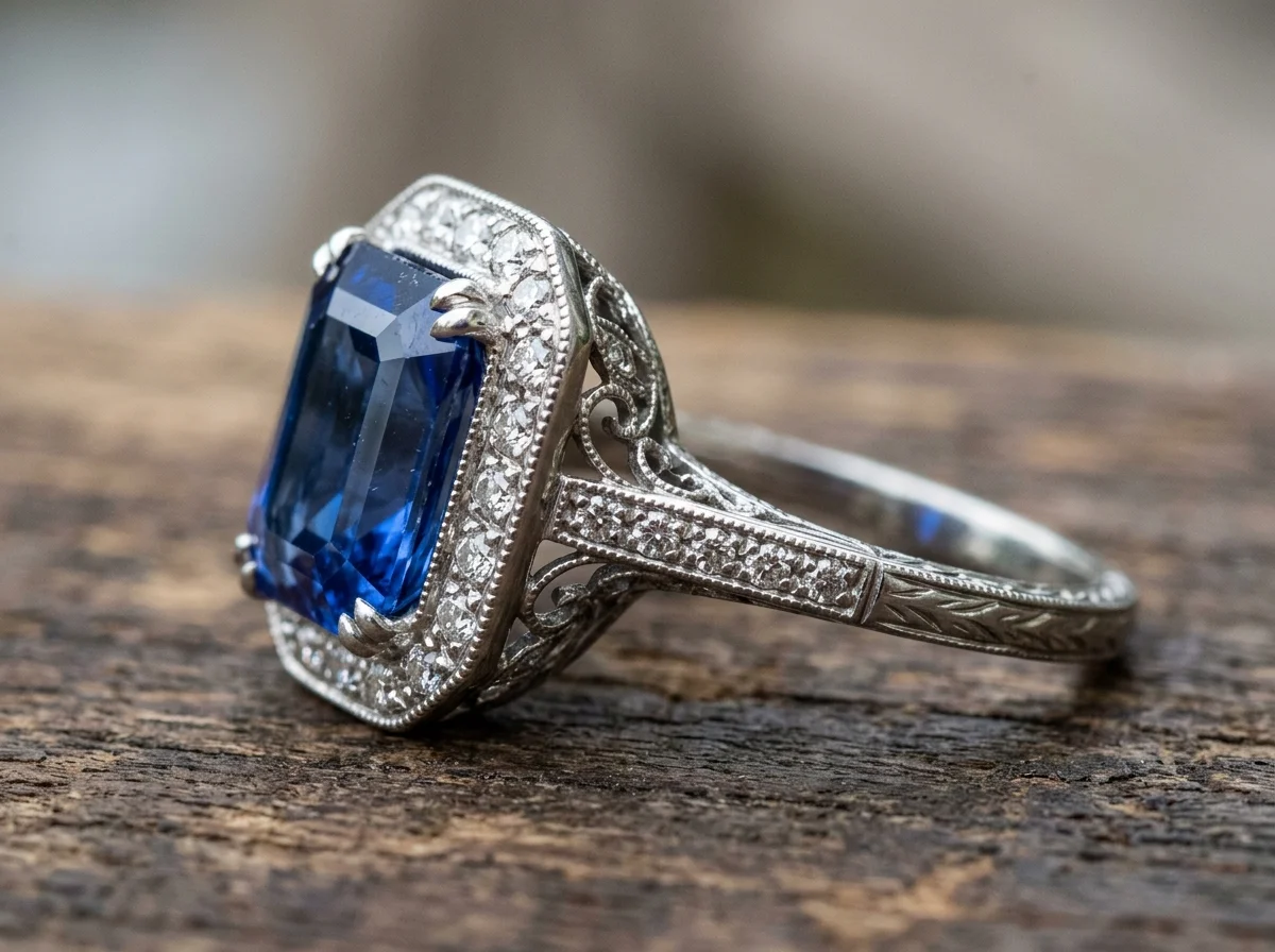 Vintage Emerald-Cut Sapphire Ring Halo Profile Macro