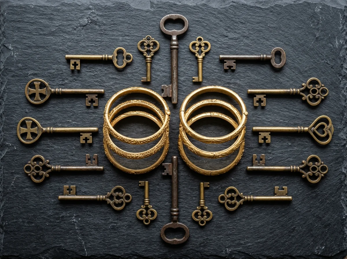Vintage Gold Bangles and Antique Keys Overhead Flat-Lay Dark Slate
