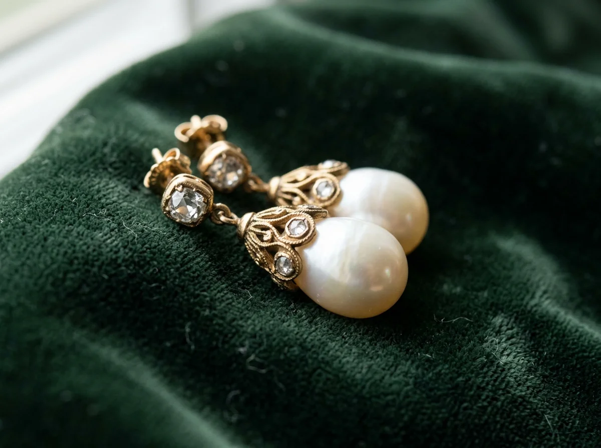 Vintage Pearl Drop Earrings Dark Green Velvet