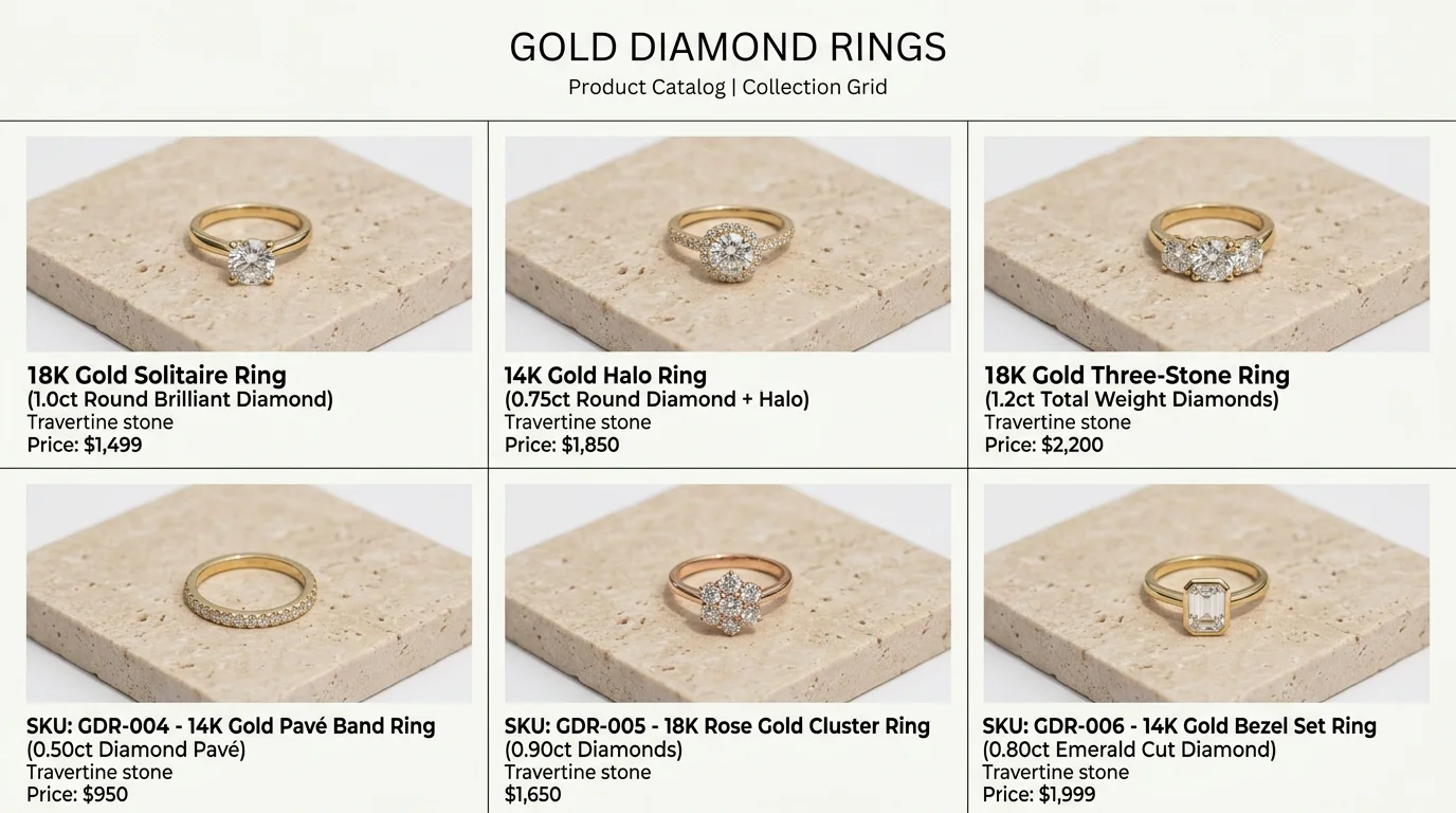 E-commerce product catalog line sheet grid displaying 6 consistent gold diamond ring SKUs on travertine stone