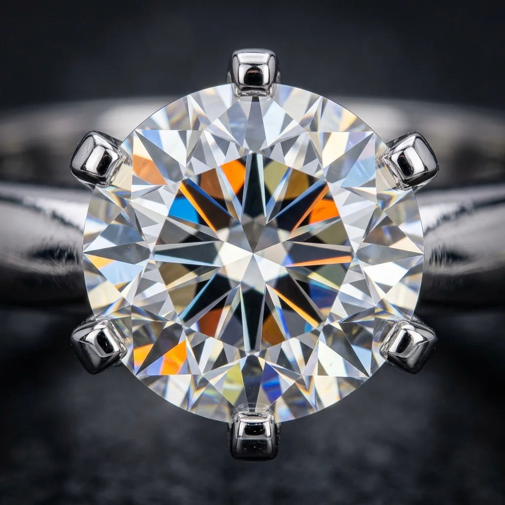 Macro extreme close-up of diamond facet refraction and optical light dispersion fire in a platinum 6-prong setting
