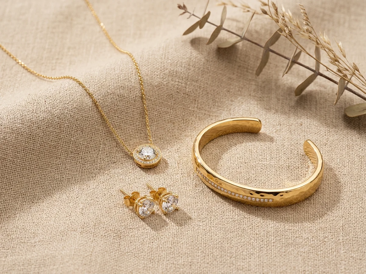 Luxury flat lay jewelry photography composition featuring 18k gold pendant necklace, stud earrings, and cuff bracelet on beige linen