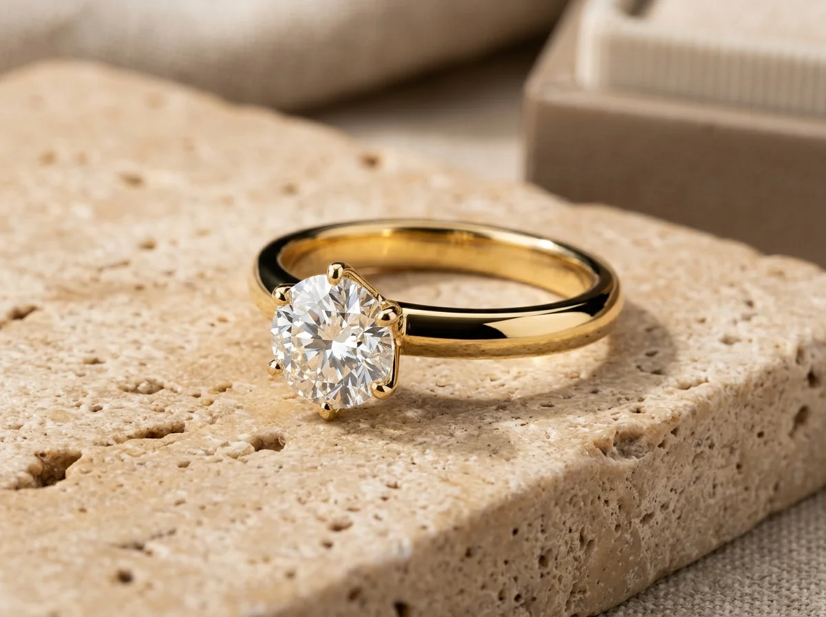 18k yellow gold solitaire diamond ring resting on warm travertine stone with physically coherent specular reflections and micro-contact shadow occlusion