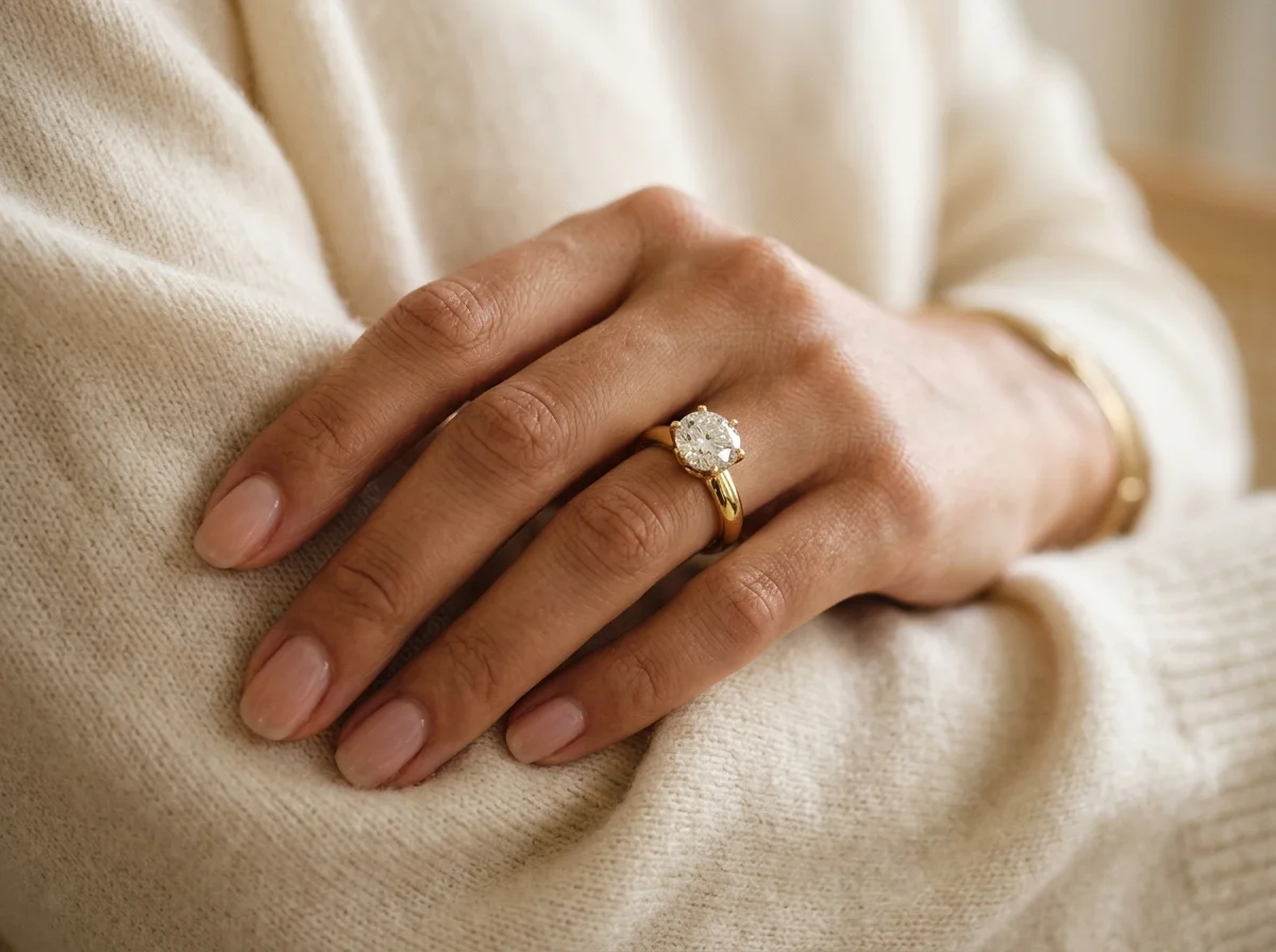 Editorial on-model jewelry photography featuring an elegant hand wearing an 18k yellow gold solitaire diamond ring on cream cashmere